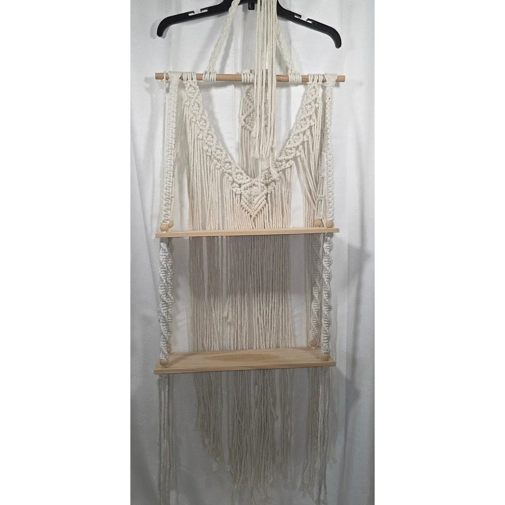 Boho Macrame Wall Hanging Shelf 2 Tier Wood Floating Plant Hanger Cream Cotton